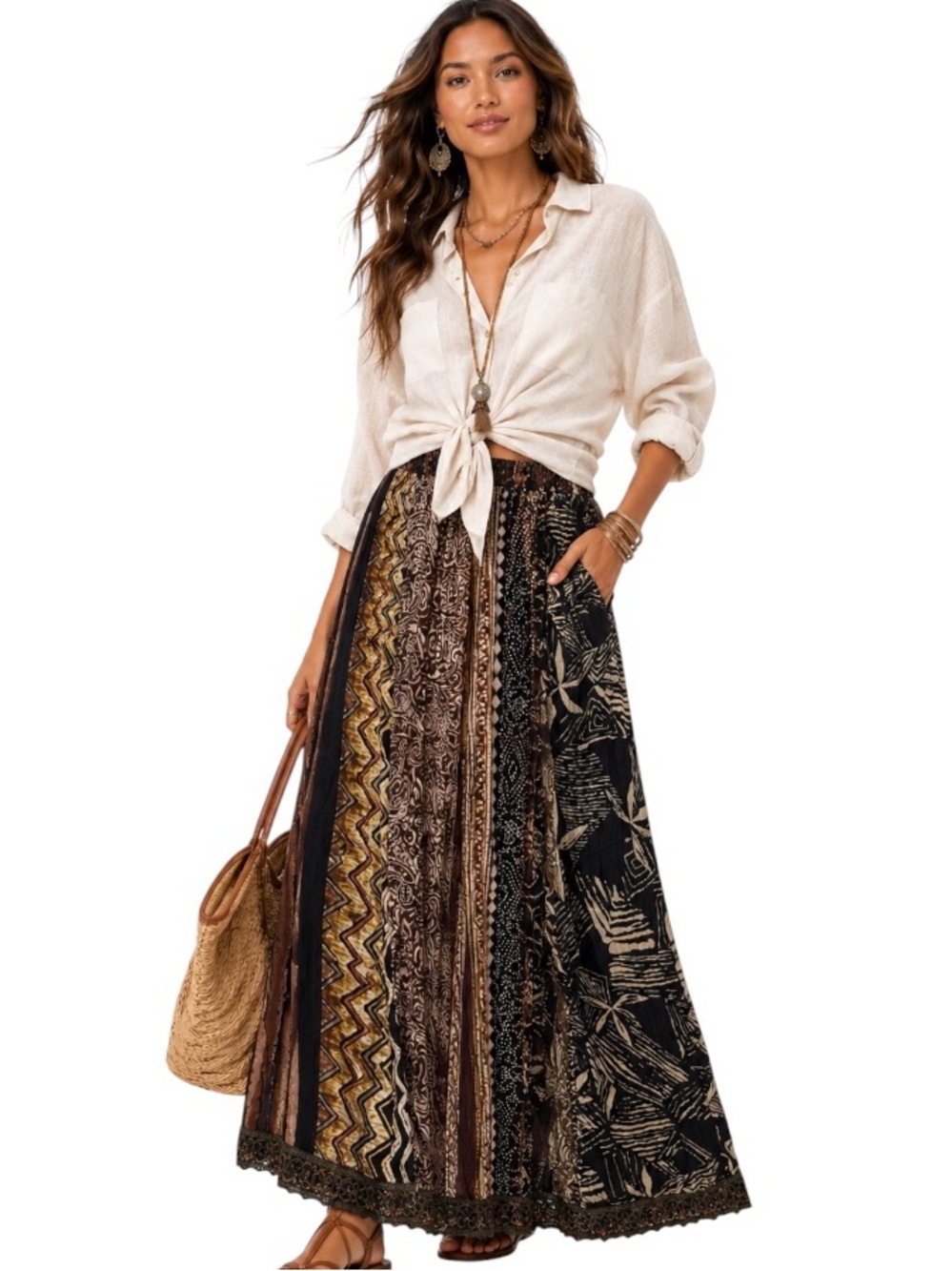 Chico’s Silk Patchwork Boho Maxi Skirt Earthy Brown Black Size 2